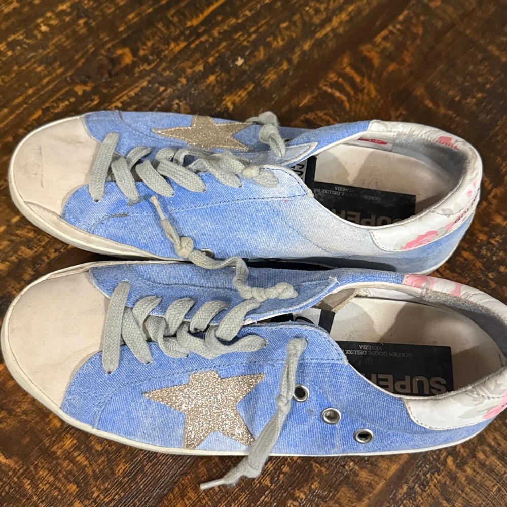 Golden Goose Light Blue Denim Sneakers with silver star and floral accent - Picture 2 of 4
